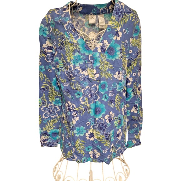 Emma James Tops - Emma James Liz Claiborne Blouse Womens Blue Floral Linen Blend Tropical Size 10